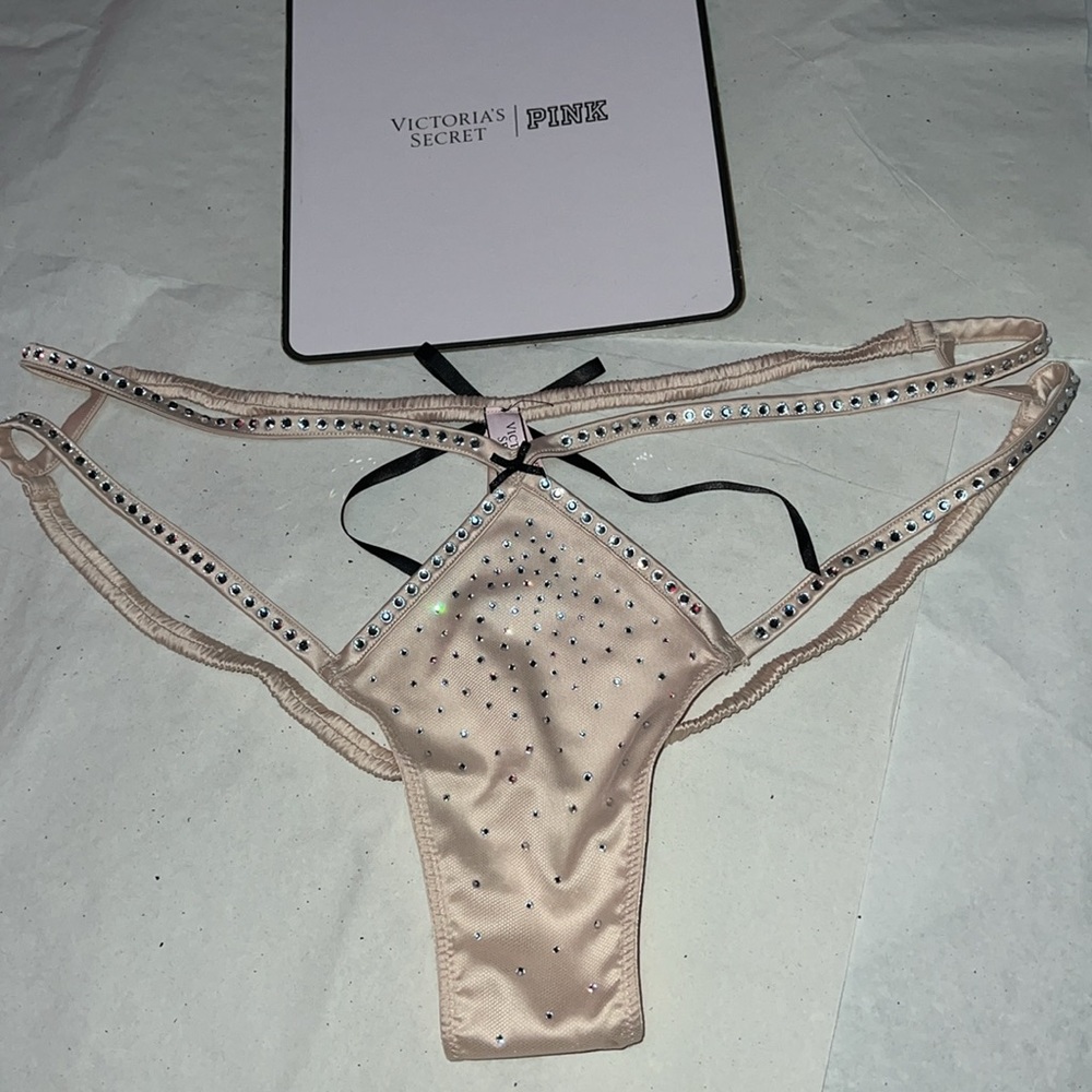 Victoria's Secret Strappy Satin Rhinestones Cheekini Panty XL